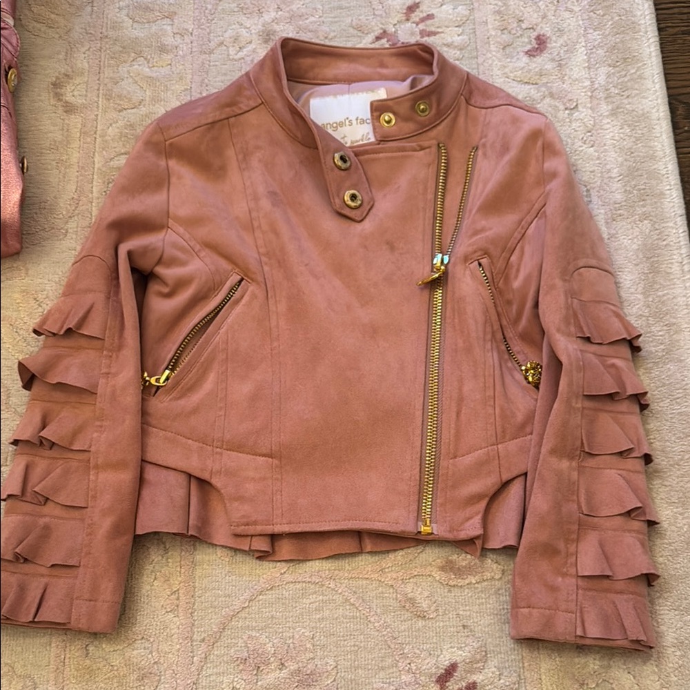 Pink Ruffle Sleeve Faux Suede Jacket